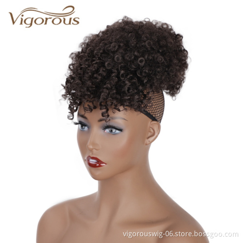 Vigorous Wholesale Heat Resistant Fiber Kinky Curly Ponytail With Bangs Hair Extension For Black Women Synthetic Afro Hair Bun